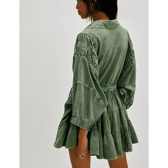 Free People Hampton Belted Mini Dress Crystal Kelp Cotton Size Medium NWOT Chic Mini